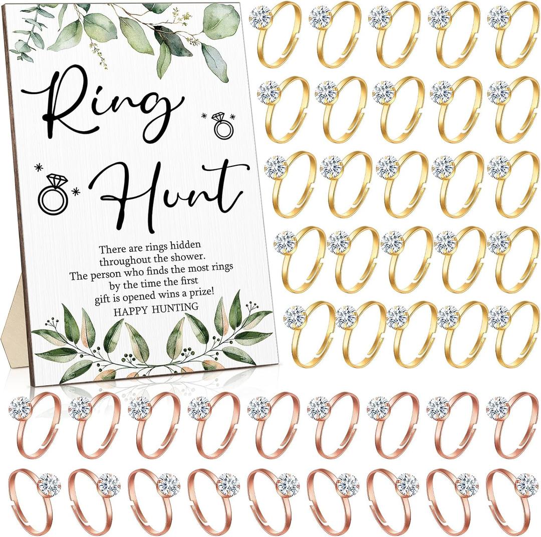 Bucherry Bridal Shower Games with Rings Funny Hunt Games Sign Wooden Game Sign and 100 Mini Plastic Fake Rings with Diamond for Bride Shower Game Wedding Winner Gifts Party Favors(Leaf)