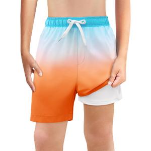 Haloumoning Boys Swim Trunks with Boxer Brief Liner Kids Gradient Quick Dry Swimming Shorts, Blue and Orange, 11-12 Years