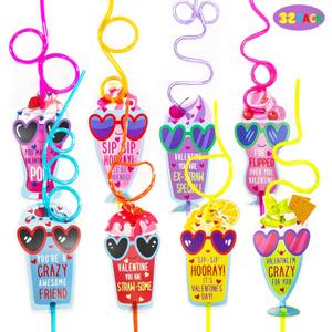 Valentines Day Gifts for Kids - Valentines Day Cards for kids - Set of 32 Crazy Straws Bulk - Valentine Exchange Cards for Girls Boys Toddlers School Class Classroom Party Favors