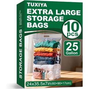 10 PACK 25 Gallon Extra Large Storage Bags, 35.5"x 24"x 7" Resealable Clear Zipper Bags with Handle, Heavy Duty Big Bag for Clothes Pillow Travel Moving, Expandable Bottom, 8 Mil Thick