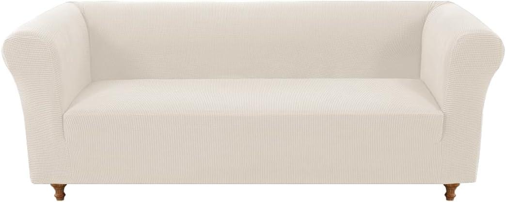 Stretch Chesterfield Sofa Cover Luxury Jacquard Slipcover for 3-Cushion Couches | Non-Slip Pet-Friendly Furniture Protector (Ivory, Sofa)