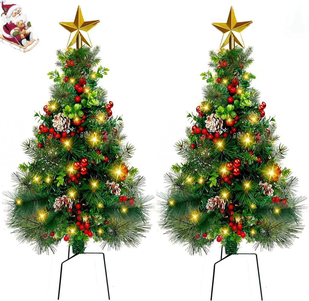 2.7FT Outdoor Christmas Tree Pre-Lit Pathway Christmas Trees Small Artificial Xmas Tree Pine Tree with Lights Battery Operated 8Mode for Porch, Yard, Outside, Grave Ornaments(2Pack)