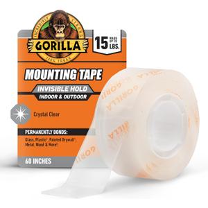 Gorilla Invisible Hold Mounting Tape, 1" x 60" (Pack of 1), Clear Double Sided Tape for Strong, Permanent Indoor & Outdoor Hanging