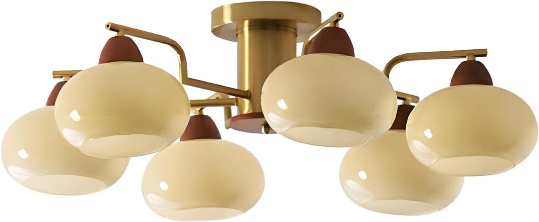 KCO Lighting Retro Antique Brass Flush Mount Ceiling Light Mid Century Modern 6 Light Gold Chandelier Glass Globe Sputnik Chandelier for Living Room Dining Room