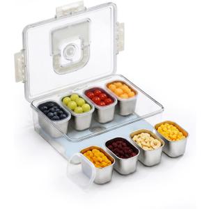 Snackle Box Container with Ice Pack, 18/8 Stainless Steel Compartments Divided Serving Tray with Lid & Handle, Organizer for Fruit Veggie Candy Nuts, Dishwasher Safe for Travel Picnic Party