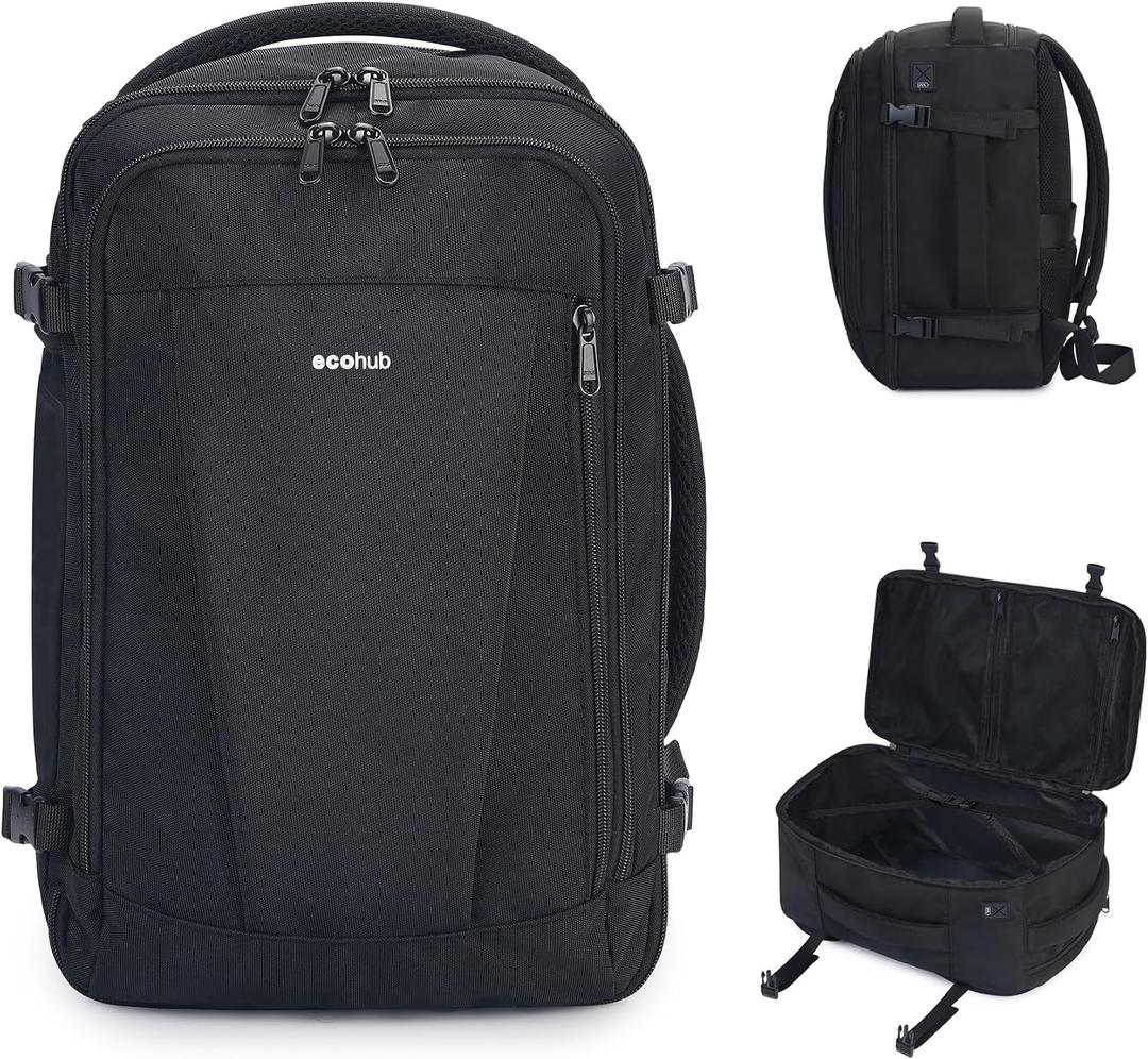 ECOHUB Travel Backpack 18x14x8 Spirit Airlines Personal Item Bag Carry On Backpack 13 Pockets Work Casual Daypack for Men Women Airline Approved Water Resistant Gym Backpack with Charging Port, Black