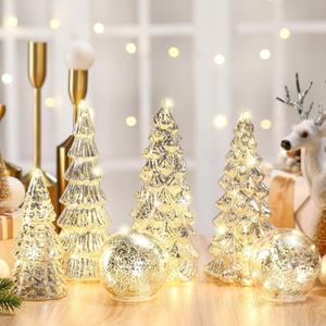 Syhood 6 Pcs Silver Mercury Glass Christmas Tree for Tabletop Light up Figurine Christmas Tree Mercury Cracked Glass Globe with Light for Xmas Decor Home Party Centerpiece Mantel Gift