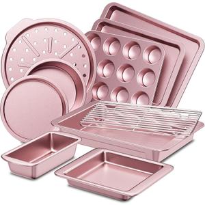 HONGBAKE Bakeware Sets, Baking Pans Set, Nonstick Oven Pan for Kitchen with Wider Grips, 10-Piece Including Rack, Cookie Sheet, Cake Pans, Loaf Pan, Muffin Pan, Pizza Pan - Pink
