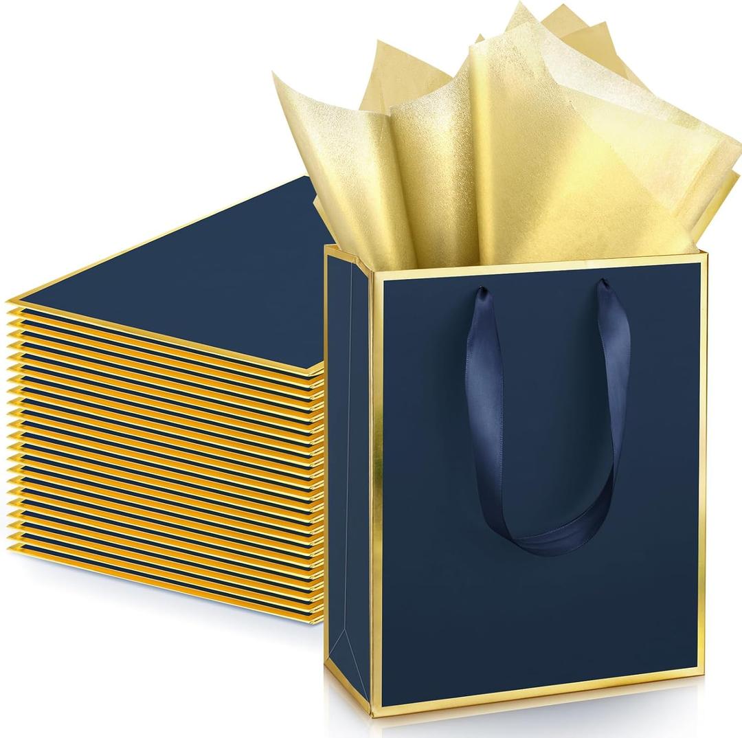 Yeaqee 24 Pack Metallic Paper Gift Bags with Handle and Tissue 9x7x3.1 Gold Foil Welcome Favor Bags Return Gifts for Wedding Fall 5 Senses Christmas Bridesmaid Birthday (Navy Blue, Gold)