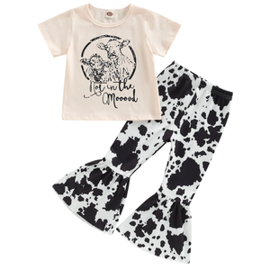Western Baby Girl Clothes Bell Bottom Outfit Cow Print Short Sleeve T-Shirt Top Flare Pants Set Cowgirl Outfits, 3-4 y