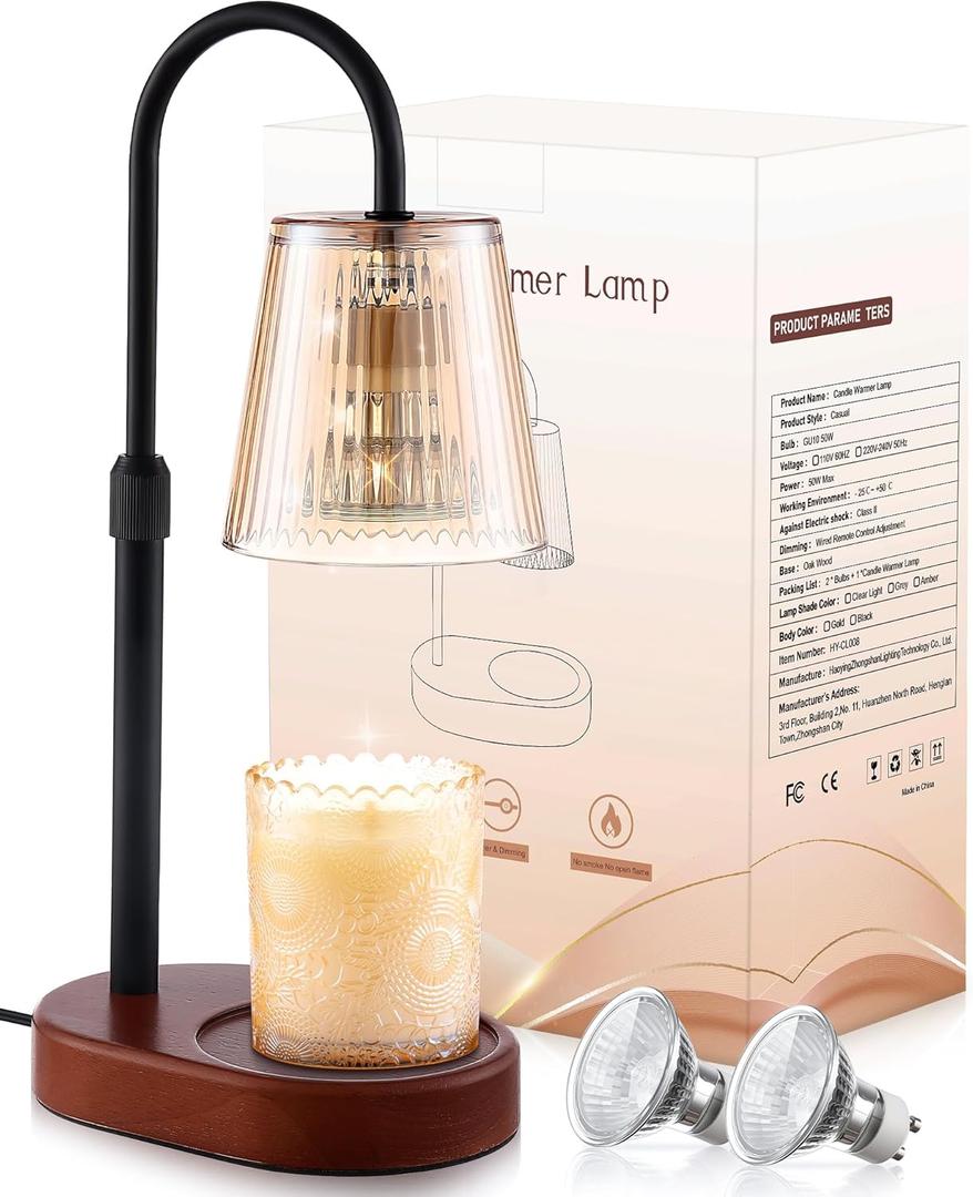 Adjustable Candle Warmer Lamp with Timer - Amber Shade + Walnut Wooden Base - Electric Light Wax Warming Dimmable Flameless Top Melter Heater for Melting Heating Small Jar Candles Gifts Women Mom