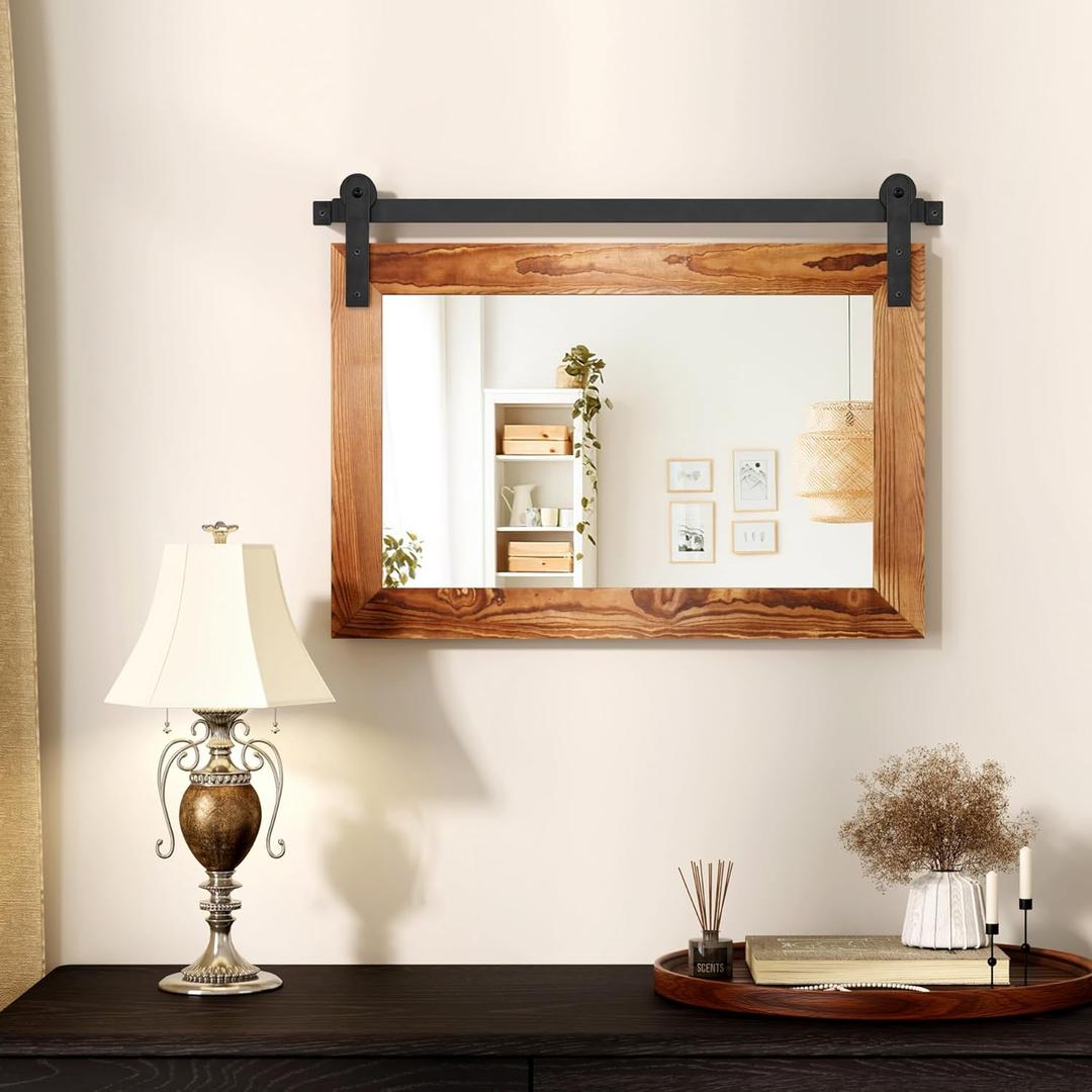 COGOOD Farmhouse Barn Door Mirror - 29" x 22" Rustic Wood Framed Wall Mirror for Bathroom, Living Room, Entryway Wall Decor (Brown)