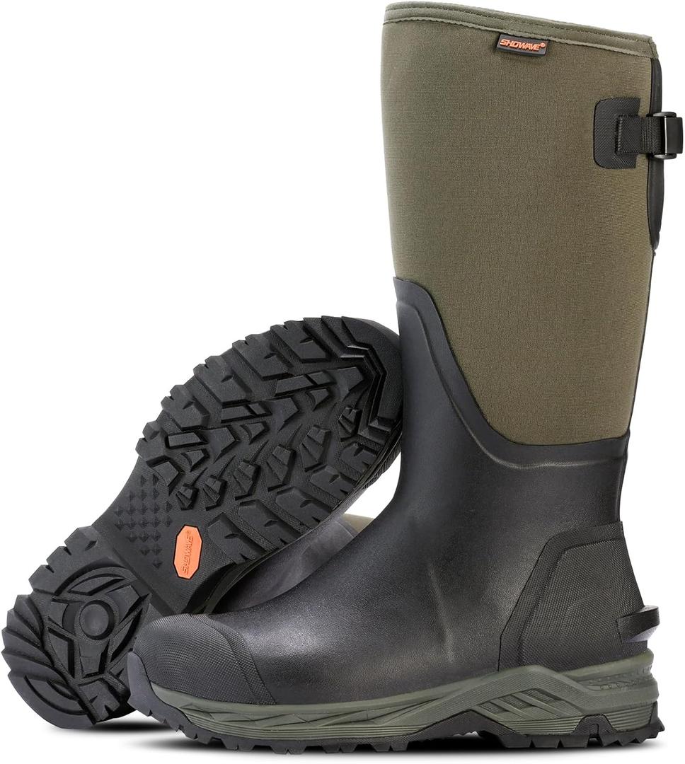 Showave Men's Rubber Hunting Boots, Waterproof Rain Boots Insulated Neoprene Mud Boot, Durable Arctic Outdoor Working Boot with Steel Shank (12, Olive)