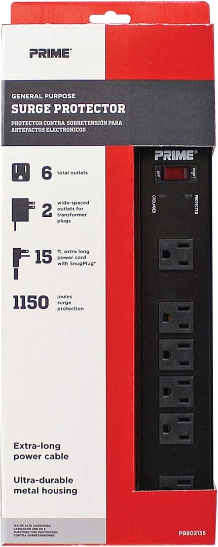 Prime Wire PB802135 6-Outlet Metal Power Workshop Surge Protector with 14-3 SJT 15-Feet Cord Black