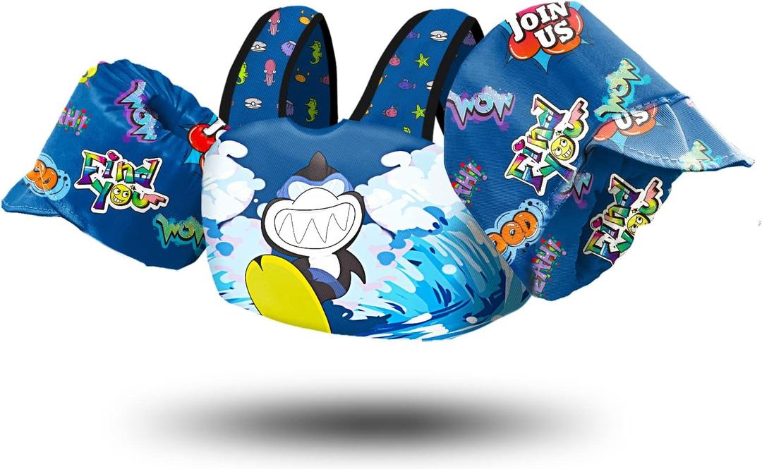 Chriffer Kids Swim Vest Life Jacket for 30-55 Pounds Boys and Girls, Toddler Floaties with Shoulder Harness Arm Wings for 2,3,4,5,6,7 Years Old Baby (I-Deep Blue)