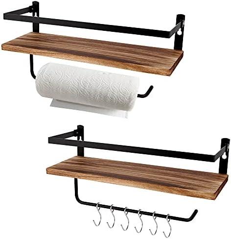 PHUNAYA Floating Shelves,Wall Mounted Shelf for Kitchen,Living Room,Bedroom,Bathroom Storage,Rustic Wood,Set of 2(Carbonized Black)
