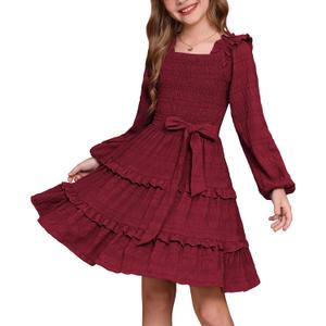 GRACE KARIN Girls Fall Long Sleeves Casual Red Party Festive Dress Size 8, Red