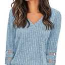 Tankaneo Womens 3/4 Length Sleeve Lace Tops V Neck Dressy Casual T-Shirt 2025 Ribbed Fall Tee Blouse