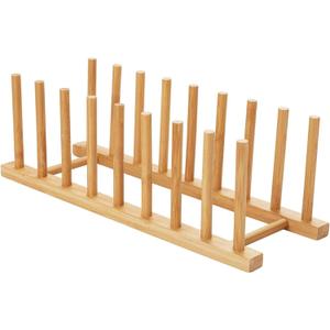 HBlife Bamboo Dish Plate Bowl Cup Book Pot Lid Cutting Board Drying Rack Stand Drainer Storage Holder Organizer Kitchen CabinetKeep Dry (Bamboo 8 Slots 1pcs)