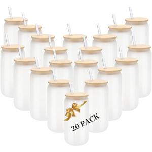 20 Pack Sublimation Blank Beer Glass Cup Can Shaped Frosted with Bamboo Lids Borosilicate Glasses Tumbler Mason Jar Cups Mug with Glass Straw for Beer, Juice, Soda, Iced Coffee, Drinks 16oz