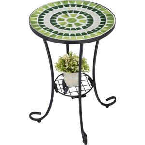 VCUTEKA Outdoor Side Table Mosaic Patio Table Accent Tables Mosaic Tile Top Metal Frame Small End Tables Porch Beach Patio Garden Balcony Grass Green