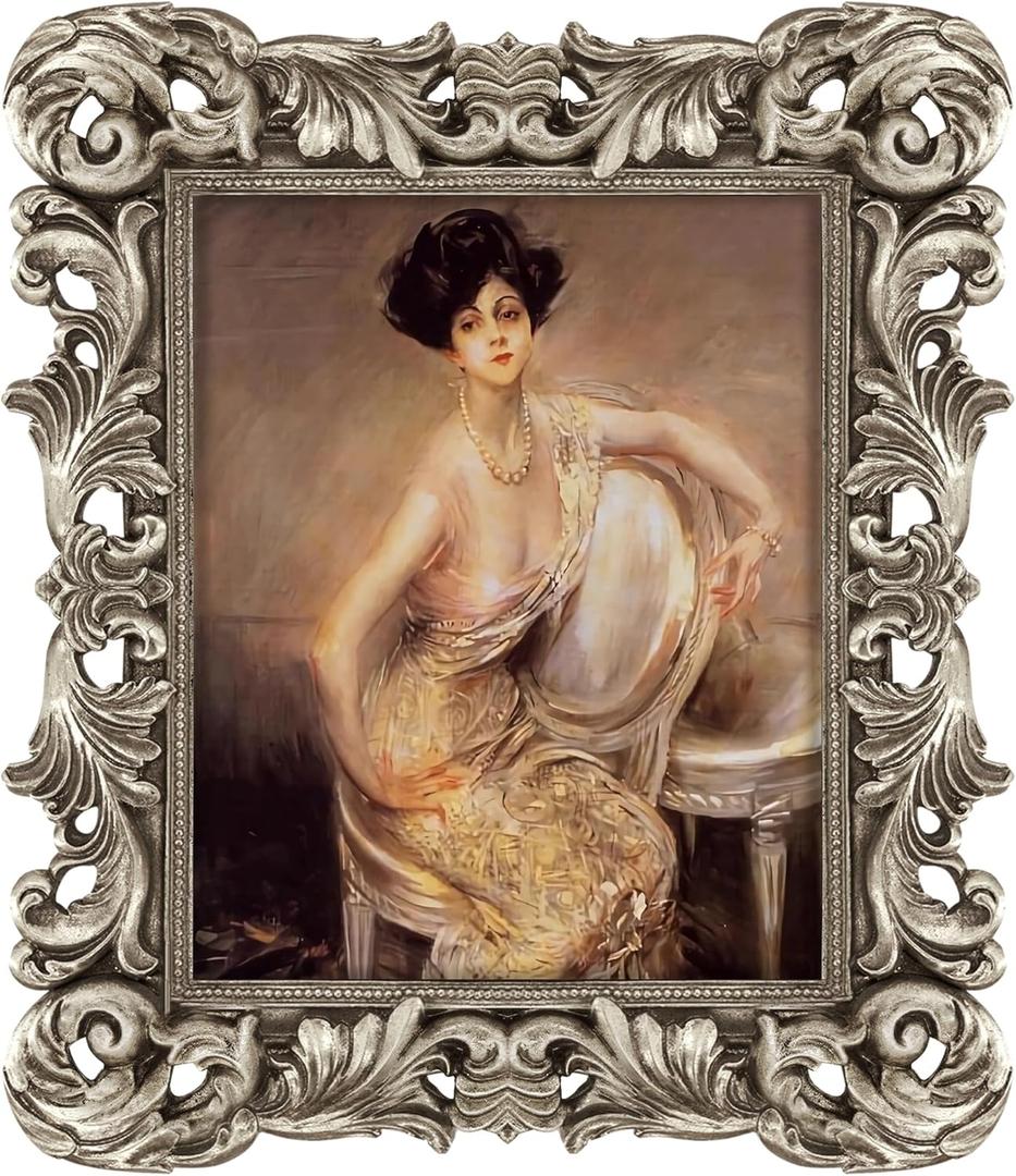 FJXMFRAME Silver Picture Frame 8x10 Ornate Vintage Baroque for Tabletop Wall Display, Gothic Antique Frame or Matted to 5x7 Photos