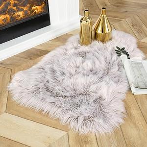 Ashler Faux Fur Rug, Fluffy White Small Sheepskin Rug, Ultra Soft 2x3 Ft Mat, Machine Washable Shag Mats, Nursery Throw for Bed, Living, Kids Room, Beige