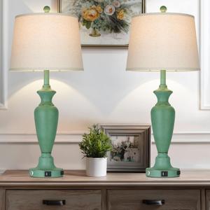 30" Tall Metal Table Lamps Set of 2, Touch Control Bedside Lamps for Bedroom Nightstand, 3-Way Dimmable Farmhouse Lamp for Living Room with Charging Ports, Retro Green (2 LED Bulbs Included)