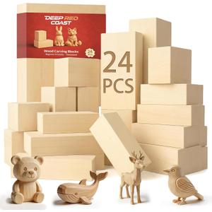 Basswood Carving Blocks 24PCS, Wood Carving Kit for Beginners & Kids, Soft Basswood Whittling Blocks with 3 Sizes (4"x1"x1", 2"x2"x2", 4"x2"x2"), Ideal for Crafts, Sculptures, DIY Projects