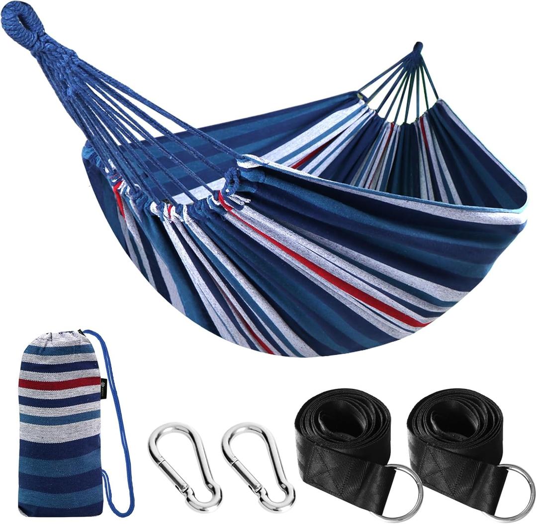 ANYOO Cotton Hammock Portable Camping Hammocks for Hanging Sturdy Garden Comfortable Fabric Hammock with Tree Straps Up to 660lbs with Travel Bag for Camping Outdoor/Indoor Patio Backyard (Blue/White/Red Stripe), 106.3"L x 59.06"W