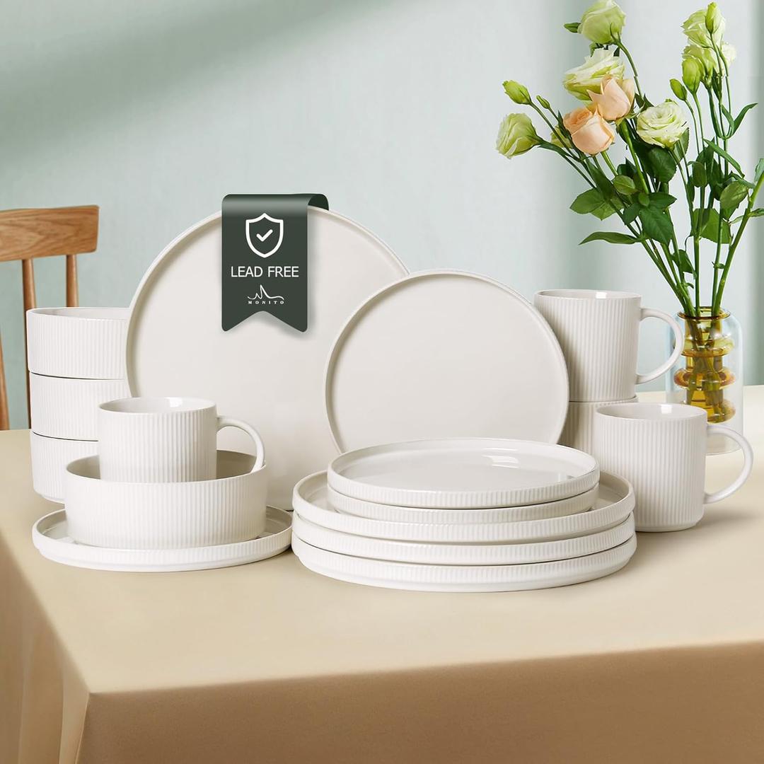 MONITO Ceramic Dinnerware 16 Pieces Dinner Set,Plates Pasta Bowls Cereal Bowls Reactive Change Glaze Dish Sets, Modern Stoneware Dishes,Gift, Creamy white