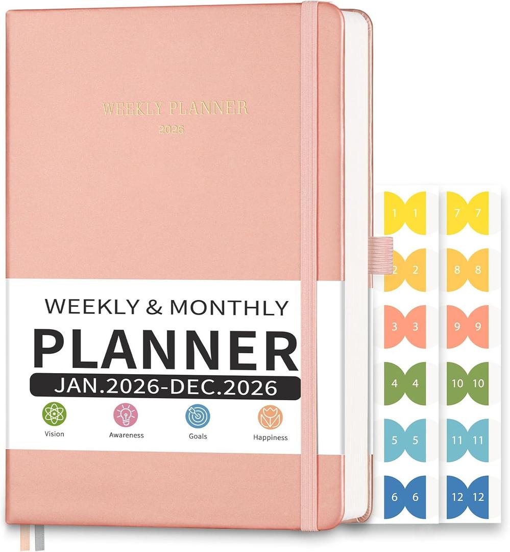 2026 Planner, Appointment Book, Hourly, Daily, Weekly and Monthly, Jan 2026 - Dec 2026, Medium Size (5.7" x 8.3"), 2026 Calendar, Leather Hardcover, 12 Self-Adhesive Monthly Tabs (Pink)
