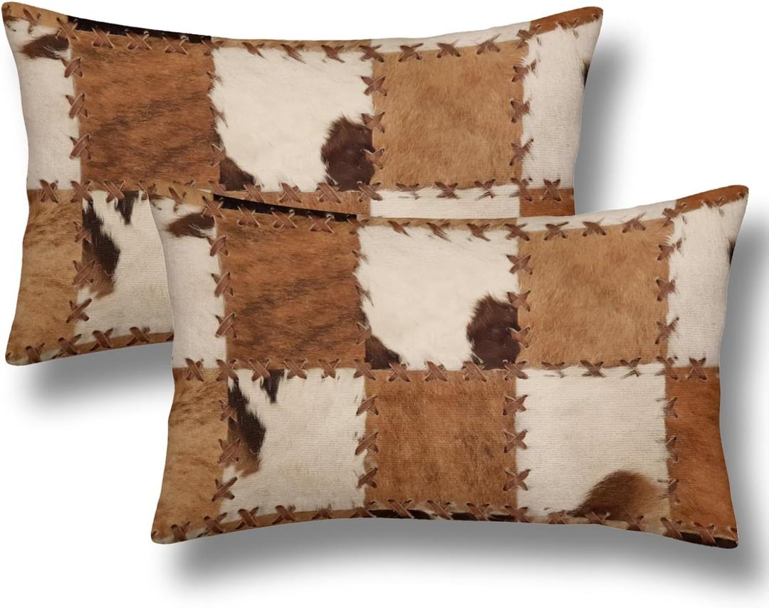 Cow Fur Lumbar Throw Pillow Covers 12x20 Set of 2 Cowhide Short Plush Pillows Case Western Farm Animal Skin Plaid Grid Cowboy Rectangle Cushion Cover Decorative Pillowcases for Couch Bed (Brwon Beige)
