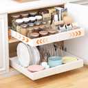 1Pack Expandable Pull Out Cabinet Organizer 16.5" D with Raising Pad for Framed Cabinets, Slide Out Drawers with 4pcs Divider Racks, Pull Out Shelves Adhesive, Adjustable Width 12.2"-20.7" (White)