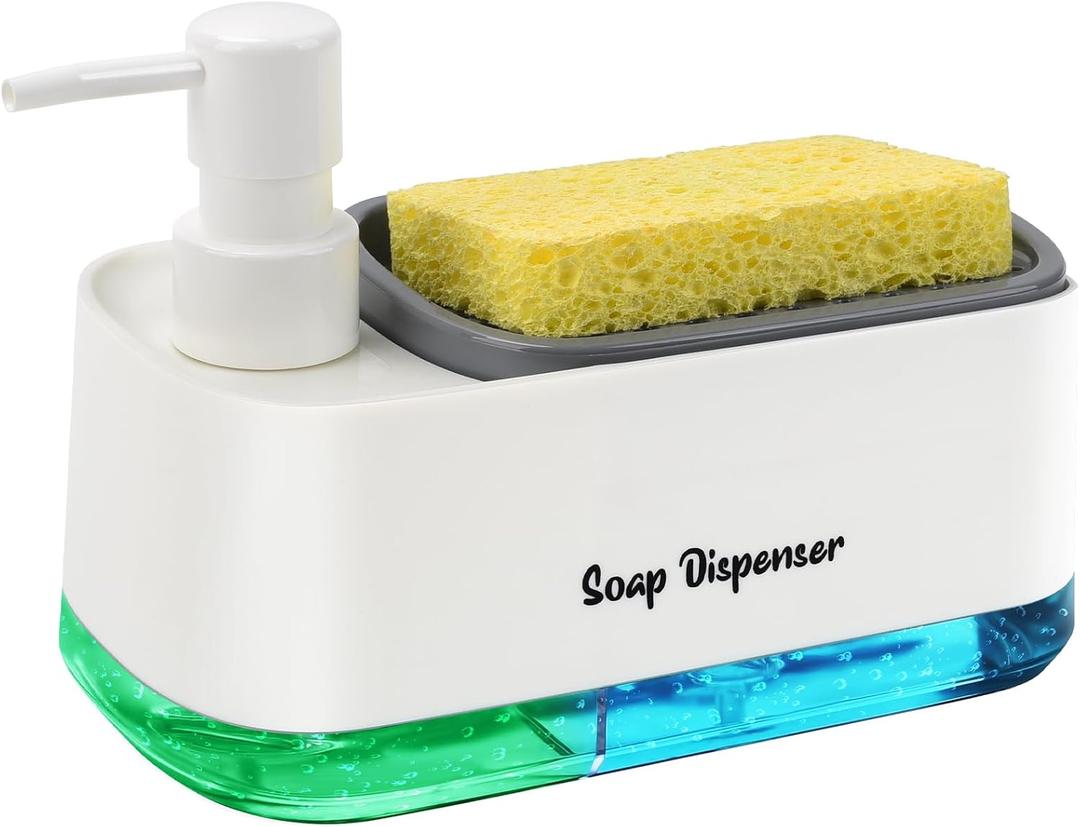 Kitchen Dish Soap Dispenser SetDish and Hand Soap Dispenser with Sponge Holder, 3-in-1 Countertop Sponge Dual Soap Pump Dispenser for Kitchen Sink - White
