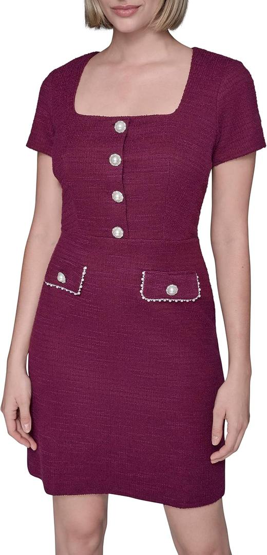 Karl Lagerfeld Women's Short Sleeve Stretch Texture Knit Tweed A-line Dress (12, Wine)