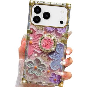 for iPhone 17 Pro Max Glitter Floral Case,Cute Colorful Retro Oil Painting Printed Flower with Bling Sparkly Ring Kickstand Protective Case for Girls Women for iPhone 17 Pro Max 6.9",Colorful