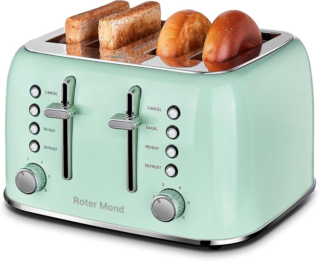 Roter Mond Toaster 4 Slice Retro Stainless Steel with Extra Wide Slots Bagel, Defrost, Reheat Function, Dual Independent Control Panel, Removable Crumb Tray, 6 Browning Levels, Aqua Green