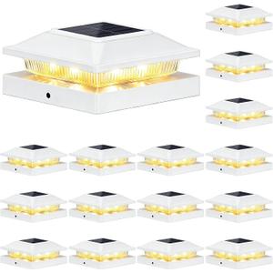 Brightever 4x4 3.5x3.5 Solar Post Cap Lights Outdoor 16-Pack, Solar Fence Post Lights Fit Vinyl/Wood Posts, 2 Modes(Warm/Cool White), Solar Powered Waterproof Deck Post Lights for Patio Porch, White