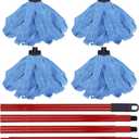 BeiLan Microfiber Mop Cloth Heads Replacements: One Mop Handle with Four Blue Microfiber Cloth Mop Heads Compatible with All Standard US Threading Pole Mop Handle