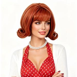 Copper Wig for Women Aubrn Short Curly Retro Beehive Wig with Bangs Ginger 70's 80's Synthetic Costume Wig for Halloween,Cosplay,Daily Use
