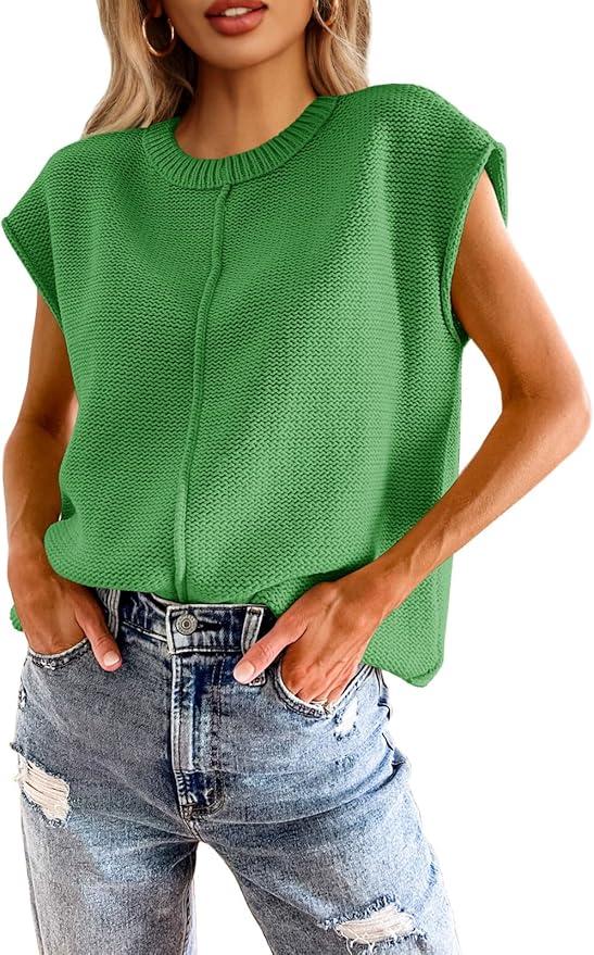 Saodimallsu Womens Summer Cap Sleeve Tops Casual Crew Neck Loose Fit Knit Lightweight Sweater Pullover Top,M