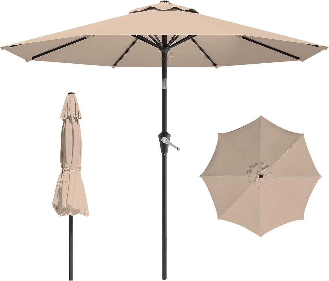 9 FT Patio Umbrella for Outdoor, Outdoor Table Umbrella with Push Button Tilt and Crank, Outdoor Patio Umbrellas with 8 Sturdy Ribs for Market, Garden, Pool (Beige)