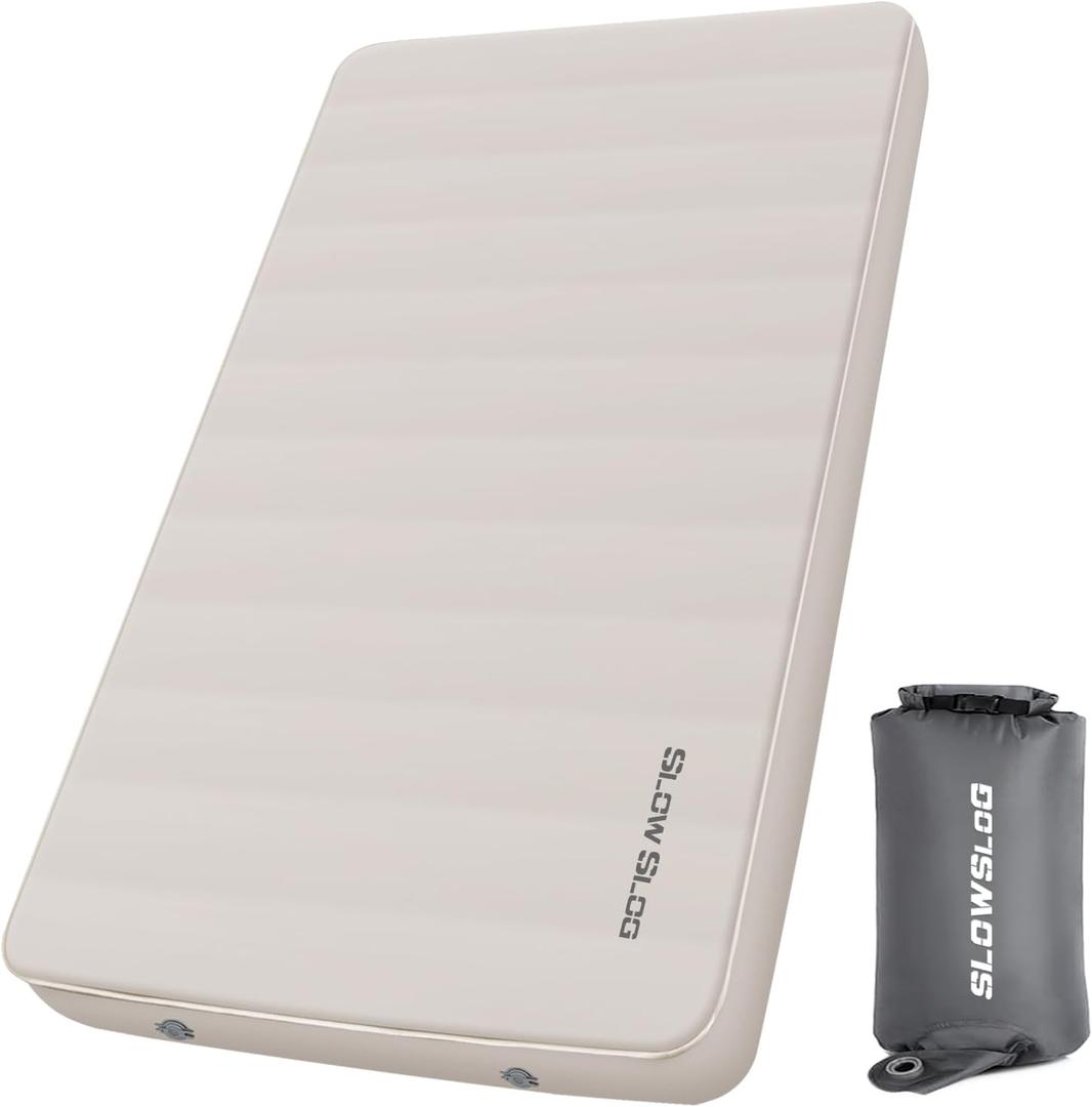 Self-Inflating Camping Mattress Pad 2 Person, 4in Thick Foam Sleeping Pad for Tent Camping, 4-Season Double Sleeping Pad with Pump Sack, Cream