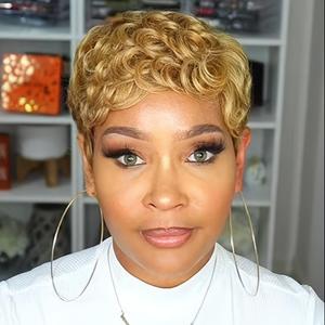 Short Pixie Cut Wig - Machine Made, Finger Wave, Glueless, Blond 150%
