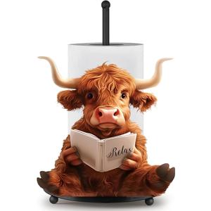MorningRo Highland Cow Paper Towel Holder Countertop Kitchen Decor and Accessories Black Metal Farmhouse Large Tissue Stand for Home Bathroom 3D Cow Hand Painting Pattern Farm Table Decor Gifts