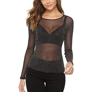 ZHER-LU Women's Casual Solid High Neck Sheer Mesh Long Sleeve Tee Shirt Top (Black, XL) 4 Pack