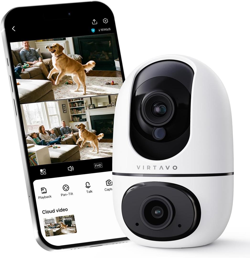 VIRTAVO XD1 Indoor Security WiFi Camera, No Subscription Required, Dual-Lens 360 PTZ Baby Monitor & Pet Cam, Motion Tracking, 2-Way Audio, Night Vision,Optional Cloud/SD Storage, Phone App, Wired