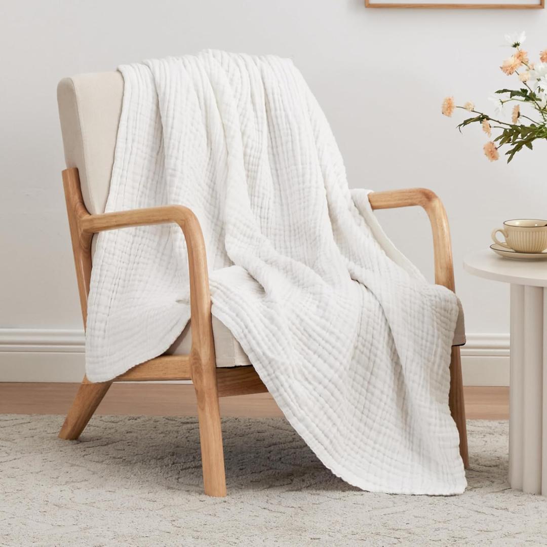 Love's Cabin 6 Layer 100% Cotton Muslin Blanket, 50"x60" Throw for Couch & Bed, White Cotton Gauze Blanket for Adults, Lightweight & Breathable All Season (Throw(50"X60"))