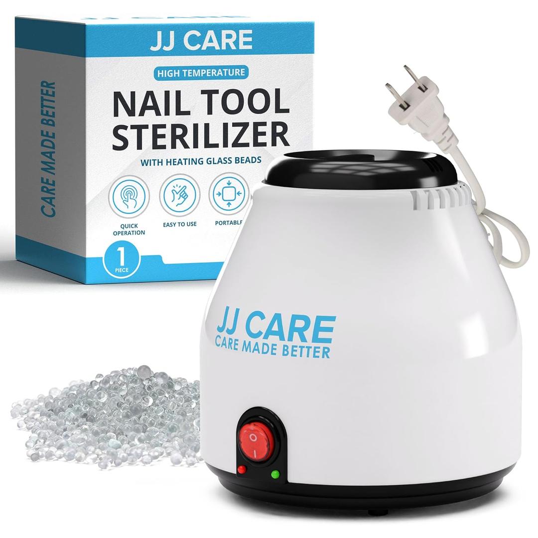 JJ CARE Nail Tool Sterilizer with Glass Beads | Implement Tweezer Disinfectant Container | Salon & Manicure Disinfectant Jar Small (White With Red Power Button)